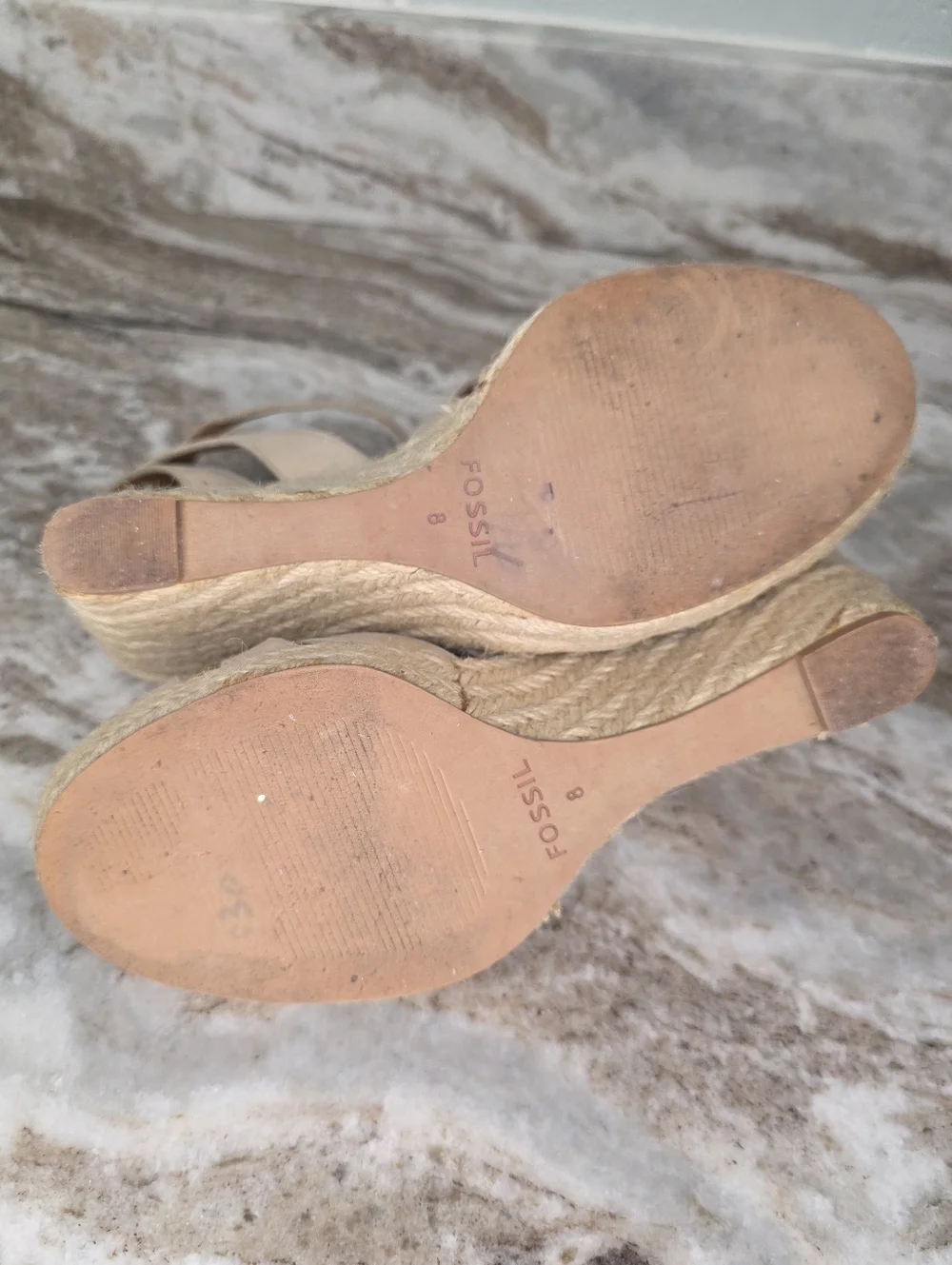 FOSSIL Buff Leather Ankle Strap Wedges Espadrille Sandals Sz 8